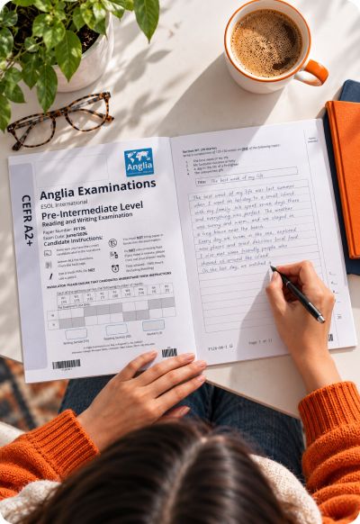Learner taking the Anglia placement test on a mobile phone